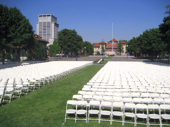 Thousands of seats are set up on the Quad for the College-Wide Commencement Ceremony at 9AM